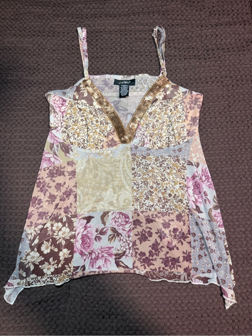 Just Polly Y 2K Floral Patchwork Spaghetti Strap Tank - Pink & Brown Size Large